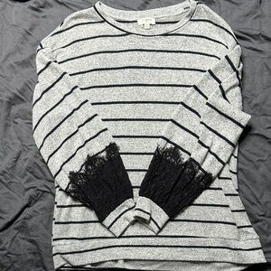 Umgee Gray Striped Top with Black Lace Accents